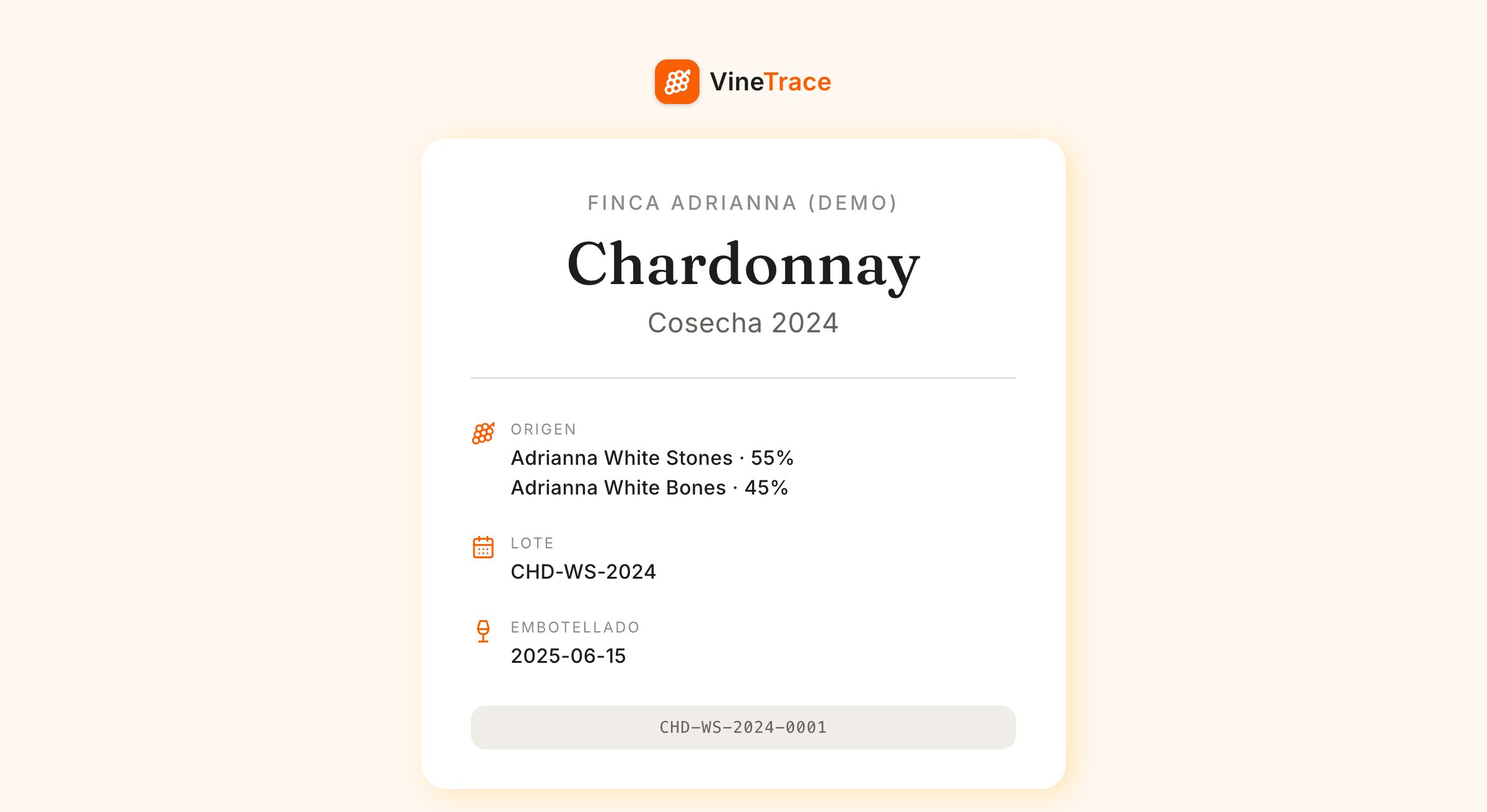 Página pública del QR de una botella de Chardonnay Cosecha 2024